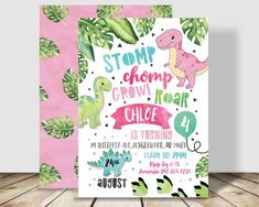 a pink and green dinosaur birthday card with the words,'stomp chomp grow hair