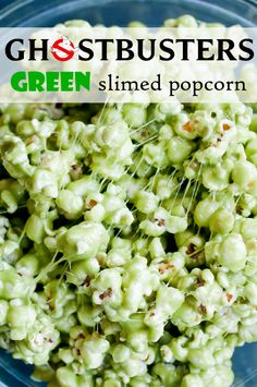 green popcorn in a bowl with the words ghostbusters slimed popcorn