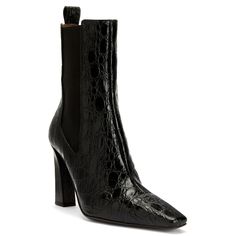 Crocodile-print leather Chelsea boots with elongated square toe, elastic insert on either side and metal detail on the heel. Men Slides, Crocodile Print, Metal Detail, Back Bag, Leather Chelsea Boots, Back Women, Pumps Flat, Flat Boots, Printed Leather