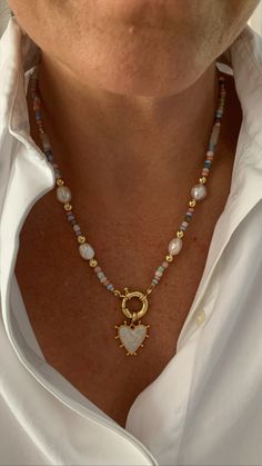 This necklace is handmade by Sonja. Chunky baroque pearls on pastelpeaded necklace with big clasp. Beautiful cultivated paerls with miyuki beads and czech beads, 22k gold plated clasp. Length of the necklace is 49cm (including the clasp) + 2cm charm. Please choose the color of the heart charm. Jewelry Accessories Ideas, Miyuki Beads, Czech Beads, Jewelry Inspo, Summer Jewelry, Exquisite Jewelry