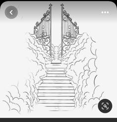 a drawing of an open gate with stairs leading up to the sky and clouds behind it