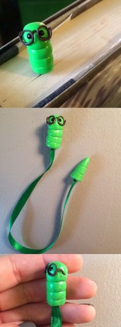 two pictures of a hand holding a green object with googly eyes