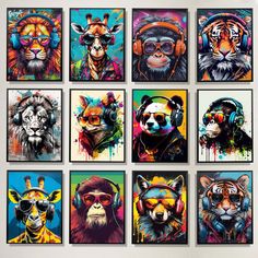 six colorful paintings of animals wearing headphones