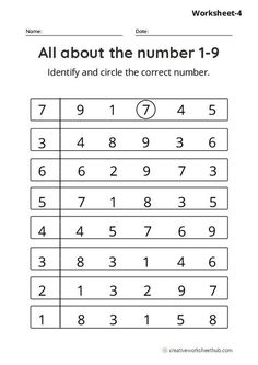 the worksheet for numbers 1 - 9 is shown in black and white, which includes