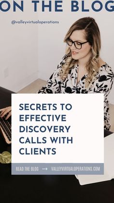 a woman sitting at a desk in front of a laptop with the words secrets to effective discovery