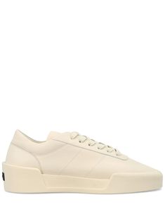 ecru calf leather appliqué logo round toe front lace-up fastening flat rubber sole Lace-up Calf Leather Sneakers With Leather Sole, Cream Low-top Platform Sneakers With Rubber Sole, Beige Low-top Platform Sneakers With Rubber Sole, Beige Leather Platform Sneakers With Round Toe, Cream Low-top Platform Sneakers, Beige Leather Sneakers With Rubber Sole, Cream Low-top Platform Sneakers With Laces, Beige High-top Leather Platform Sneakers, Beige Leather High-top Platform Sneakers