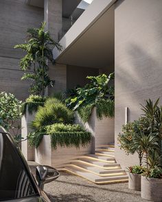 a car parked in front of a building with plants growing on the side of it