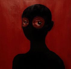 a painting of a man's face with red eyes and black body, against a red background