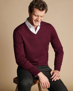 Merino V-Neck Jumper - Burgundy | Men's Charles Tyrwhitt V-Neck Sweater - Burgundy Red Size Large Merino Mens Burgundy Sweater Outfit, Maroon Sweater Outfit Men, Burgundy Men Outfit, Christmas Outfit Men Classy, Maroon Sweater Outfit, Burgundy Sweater Outfit, Smart Casual Winter, Red Sweater Outfit, Grey Pants Outfit