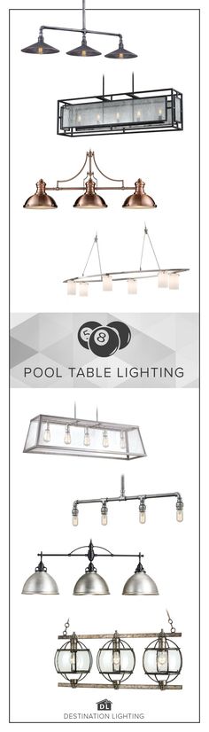 several different types of lights hanging from the ceiling and in front of an advertisement for pool lighting