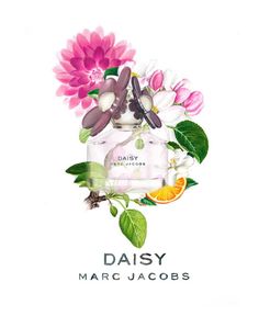 an advertisement for marc jacobs perfumes with flowers and fruit on the side