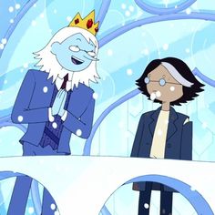 two cartoon characters are standing in front of a blue background with snow falling on them