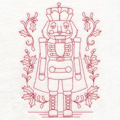 a red line drawing of a nutcracker with holly garland around it's neck