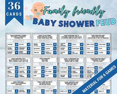 a baby shower game card with the words family friendly, baby shower feed on it