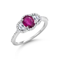 Introducing our exquisite Oval Burma Ruby Half Moon Diamonds Ring, a stunning piece crafted with precision and elegance. This timeless creation is set in luxurious Eighteen Karat White Gold, ensuring a perfect blend of sophistication and durability. Finger size 6 The centerpiece of this captivating ring is a luscious Oval Burma Ruby, weighing 1.05 carat, boasting a vibrant red hue that symbolizes passion and strength. Mined from the renowned Burmese mines, this ruby is not only a statement of beauty but also a testament to its exceptional quality. Flanking the resplendent ruby are two Half Moon Diamonds, weighing total of 0.30 carats, each meticulously cut to enhance their brilliance and sparkle. Pave set diamonds, weighing 0.90 carats, complement the ruby perfectly, adding a touch of glam Luxury Ruby Ring With Diamond Accents And Round Shape, Luxury Round Ruby Ring With Diamond Accents, Timeless Oval Ruby Ring With Diamonds, Elegant Oval Ruby Ring With Diamonds, Exquisite Oval Ruby Ring In White Gold, Luxury Oval Ruby Ring With Halo Design, Elegant Oval Ruby Ring With Center Stone, Elegant Ruby Wedding Ring With Halo, Elegant Platinum Ruby Ring With Round Cut