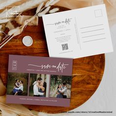 an envelope with two photos on it next to some feathers and a wax stamp that says save the date