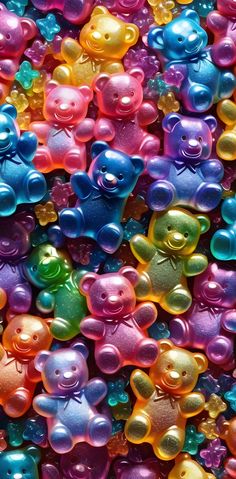 there are many different colored teddy bears in this photo, and one is very colorful