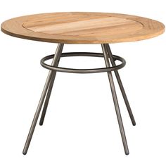 a wooden table with metal legs and a circular top on an isolated white background,