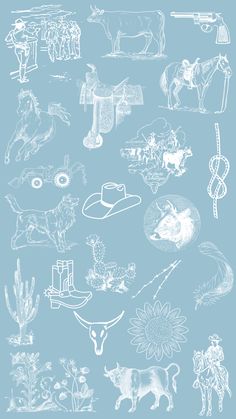 a blue background with white drawings of farm animals and livestock on it's sides