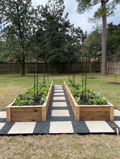 an outdoor garden with raised beds and trelliss on the sides, surrounded by grass