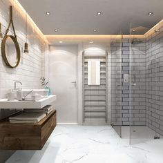 a bathroom with two sinks and a walk in shower next to a stand up shower