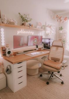 a desk with two computer monitors and a chair in front of it on top of a carpeted floor