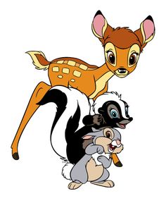 two cartoon animals are standing next to each other, one is holding a small animal and the other has an antelope