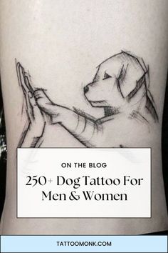 a dog tattoo on the back of a woman's leg with text over it