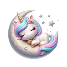 a cute little unicorn laying on top of a moon