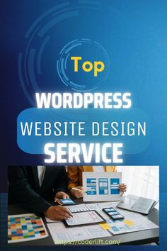 the top wordpress website design service is displayed with people working on their laptops