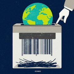 a barcode poster with a hand reaching for the globe on top of a box