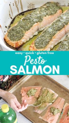 the recipe for pesto salmon is ready to be cooked and put in the oven