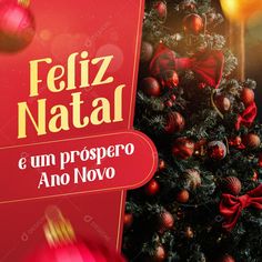 a christmas tree with red and gold ornaments in front of a sign that says feliz natal