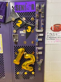 the locker is decorated with yellow and purple items for sports fans to use on their lockers