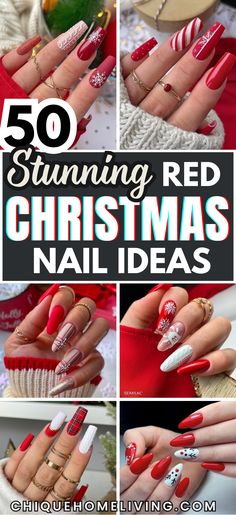 Ready to sleigh your holiday look? Check out these 50 red Christmas nail ideas that are perfect for adding festive flair to your style this season! From classic crimson shades to glittery accents and whimsical nail art, these designs will make your nails the star of any holiday gathering. Think elegant matte finishes, playful candy cane stripes, and stunning snowflake designs to get you into the holiday spirit. Red Silver And Gold Nails, Red Silver White Nails, Non Christmas Christmas Nails, Red Nails With Art Design, Present Design Nails, Christmas String Light Nails, Red Christmas Nail Designs Almond, Holidays Nails Christmas, Christmas Theme Acrylic Nails