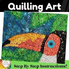 an image of a colorful bird made out of plastic beads with the words quilling art on it