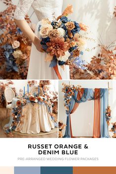 an orange and blue wedding color scheme with the bride holding her bouquet in front of them