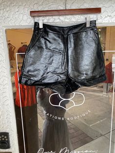 Great black shiny leather shorts to add to your fall wardrobe! Pairs well with our Ivory Keys Sweater Vest. Leather Shorts, Fall Wardrobe, Sweater Vest, Leather Skirt, Boutique, Wardrobe, Leather, Black