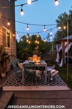 patio with glowing string lights hung from poles Boho Patio, Outside Patio, Have Inspiration