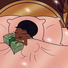 a woman laying in bed with money on her hand