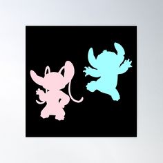 two silhouettes of cartoon animals on black and pink background, one is blue and the other is pink poster