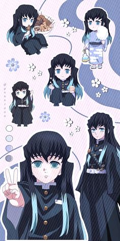 an anime character with long black hair and blue eyes