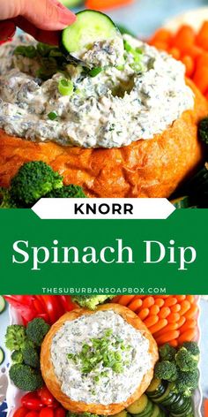 spinach dip is an easy appetizer to serve with broccoli, carrots and cucumbers