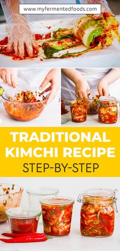 the instructions for how to make kimchi recipe are shown in this collage with text overlay