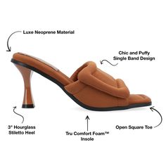 Our Addriel heels from Journee Collection will leave your feet feeling more comfortable than ever while allowing you to walk in style. With their 8 mm Tru Comfort Foam� insole neoprene material hourglass stiletto heel toe band style and open square toe you're sure to wear these on repeat. Continuing to keep things simple they're made to slip on and off without a struggle. Modern Brown Heels With Cushioned Footbed, Chic Brown Heels With Cushioned Footbed, Brown High Heel Shoes With Cushioned Footbed, Synthetic Ankle Strap Mules With Padded Heel, Shoes Heels Pumps, Journee Collection, On Repeat, Mid Heel, Stiletto Heel