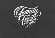 the words family first written in white on a black background