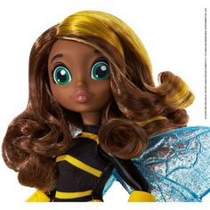 a close up of a doll with long hair and a bee costume on it's body