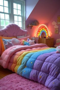 a child's bedroom decorated in pink, blue, yellow and purple with rainbow lights