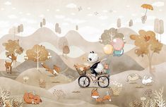 an illustration of a bear riding a bike with balloons in the air and other animals