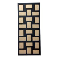 a black and beige wall hanging with squares on the bottom, in front of a white background